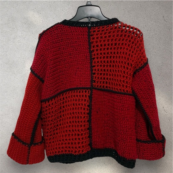 ARTISAN Colorblock Crochet Pullover Mesh Sweater NEW Red Black Hand Crafted - Picture 3 of 8